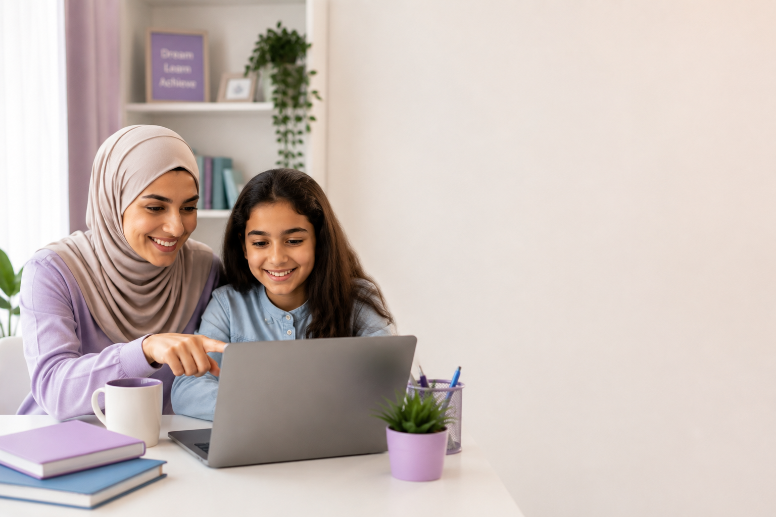 أم سعيدة تساعد ابنتها على إتمام التسجيل عبر اللابتوب